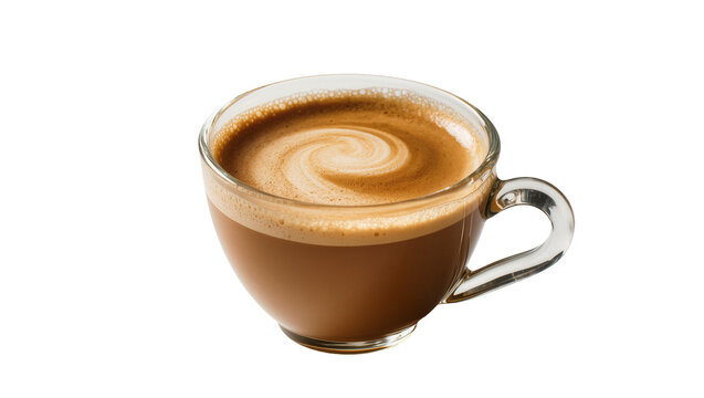 Frothy brown latte swirling in clear glass mug, ceramic handle visible