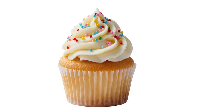 Creamy frosted cupcake with pink yellow green, blue sprinkles atop a pleated paper liner