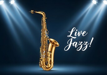 Naklejka premium A shiny saxophone on a dark stage with spotlights shining down