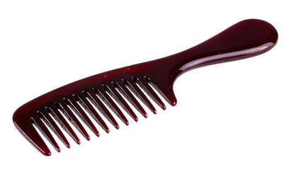 Glossy burgundy plastic hair comb, featuring evenly spaced teeth and rounded ergonomic handle