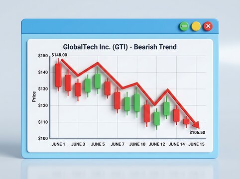 Stock market graph showing downward trend of GlobalTech Inc with red and green candles on computer screen  finance chart with decreasing prices over time