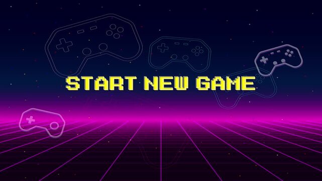 Start new game. Pixel art 8-bit. Modern trendy game background with lighting effect for game assets.