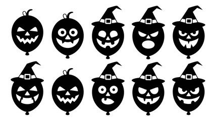 Obraz premium A collection of black silhouette Halloween balloons displaying various spooky jack-o'-lantern faces with witch hats.
