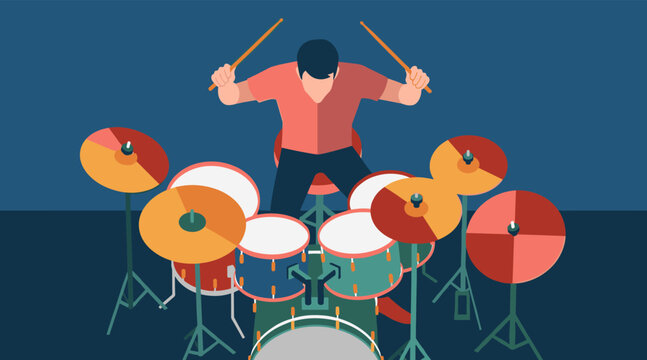 Drummer playing drum set energetically in studio top view