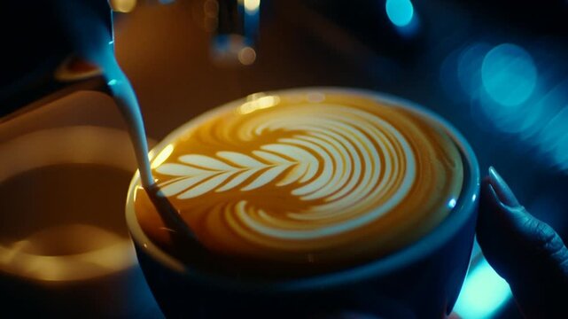 Barista creating intricate latte art design in a ceramic cup showcasing coffee preparation and craftsmanship with warm lighting and a modern cafe ambiance