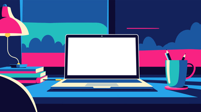 Laptop computer open and idle on desk by window at night