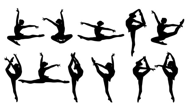 Female gymnast silhouettes vector set split jump rhythmic dance sport