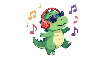 Obraz premium Green cartoon dinosaur wearing sunglasses, listening to music with red headphones