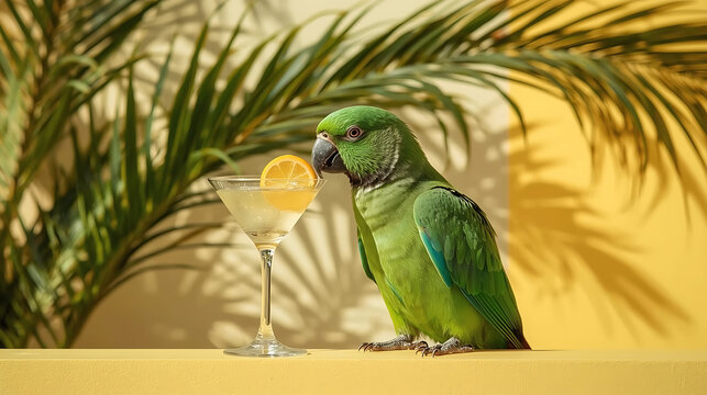 Vibrant Cinematic Macaw Parrot with Cocktail Colorful Tropical Illustration