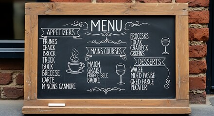 Obraz premium Chalkboard Menu Displaying Appetizers, Main Courses, and Desserts.