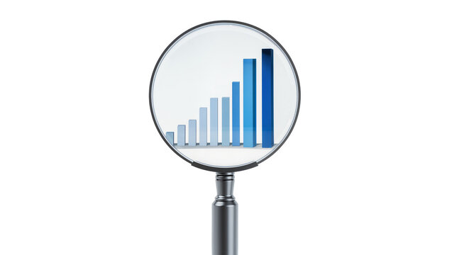 Silver magnifying glass focusing on blue bar graph, showing data analysis