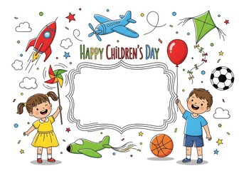 Fototapeta premium A colorful illustration celebrating Children's Day with happy kids and toys