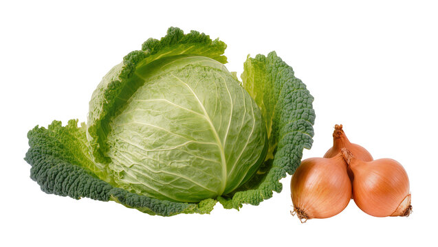 Fresh green savoy cabbage, alongside three brown yellow onions