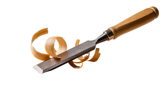 Wooden handled chisel with sharp steel blade, surrounded by curled wood shavings