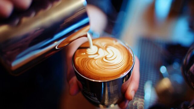 Barista skillfully creates latte art in a metal cup showcasing the precision and artistry of coffee preparation with a warm inviting ambiance