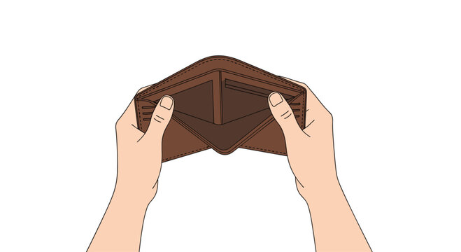 Two cartoon hands hold an open, empty brown leather wallet against a plain white background.