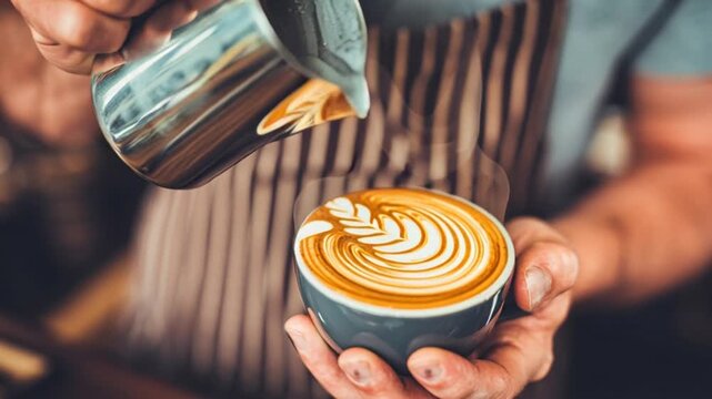 Barista skillfully pours latte art into a ceramic cup creating intricate patterns and showcasing the craft of coffee preparation in a cozy cafe setting