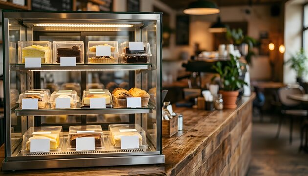 Bakery display fridge with desserts and blank labels perfect for food branding menu presentation and retail showcase