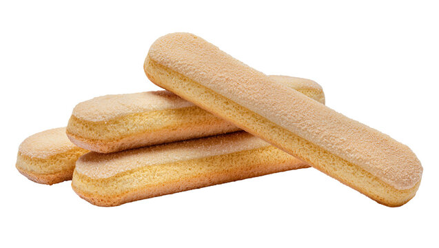 Stacked golden brown ladyfinger biscuits arranged diagonally, showing textured surface