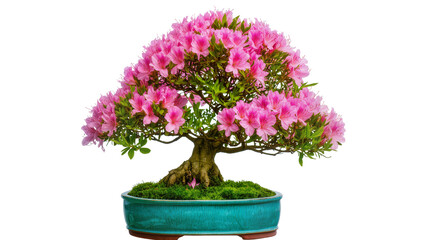 Pink blooming azalea bonsai tree, displayed in turquoise ceramic pot with moss © Maros