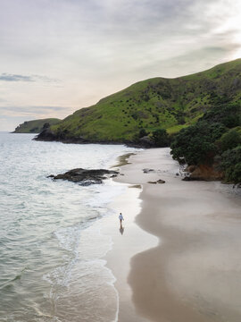 Aerial view of a solitary figure graces the sandy expanse of a Waikato beach, where turquoise waters meet emerald hills under a serene sky, Waikato, Waikato Region, New Zealand.