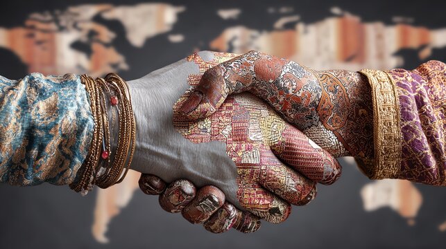 A close-up of two culturally diverse hands shaking, showcasing intricate designs and patterns, symbolizing unity and cooperation in a global context