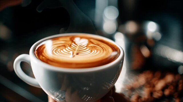 Barista skillfully pours latte art into a creamy cappuccino creating an intricate leaf design a warm and inviting moment of coffee preparation in a cozy cafe setting
