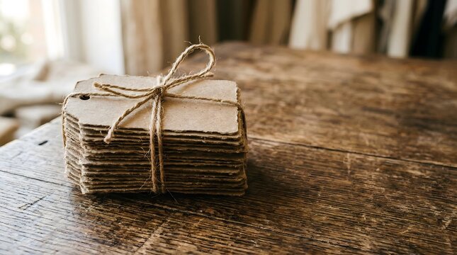 Stack of blank kraft paper tags tied with rustic string for handmade branding packaging and product labeling concept
