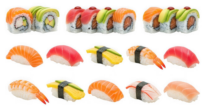 Colorful sushi rolls and japanese snacks assortment display isolated on transparent background