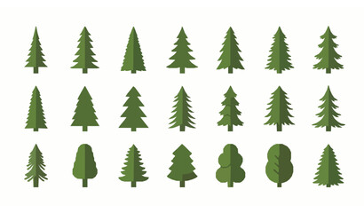 Fototapeta premium Minimal pine and fir tree icon set with flat evergreen forest symbols in clean geometric vector style