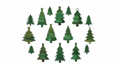 Obraz premium Festive Christmas tree and pine icon collection with decorative holiday elements in colorful vector style