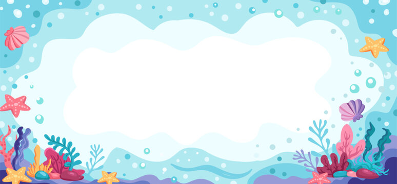 Cute mermaid birthday frame with seashells and ocean pearls. Underwater princess party invitation design with pastel pink background and decorative sea elements.