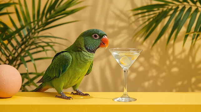 Vibrant Cinematic Macaw Parrot with Cocktail Colorful Tropical Illustration
