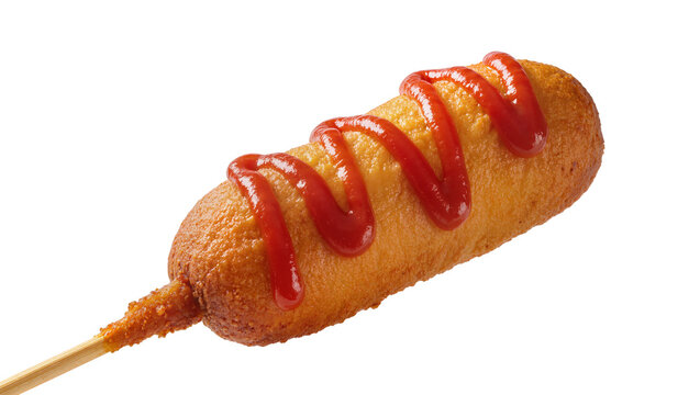 Golden corn dog on wooden stick, drizzled with bright red ketchup swirls