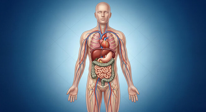 Human body anatomy with visible internal organs and nervous system on blue white paper background,grunge film background