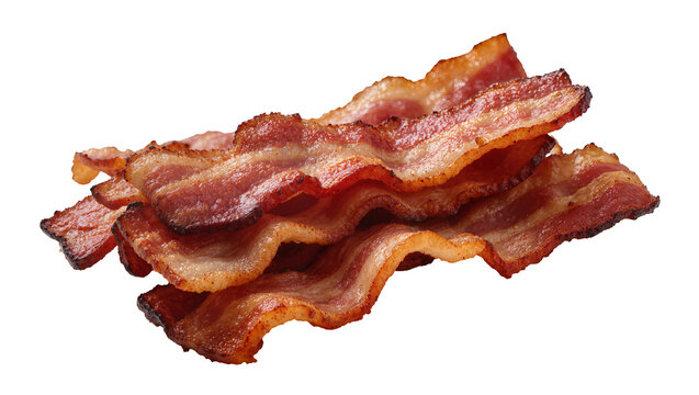 Crispy brown bacon strips overlapping, showcasing rendered fat and savory texture