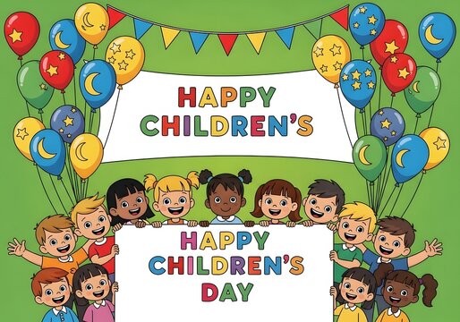 A colorful illustration of children celebrating Children's Day with balloons and banners