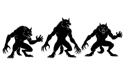 Werewolf silhouettes set with attacking crouching and standing poses isolated on white background fantasy monster vector collection Bangladesh © Md Humaun