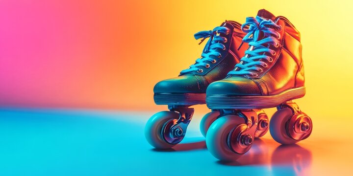 Pair of orange quad roller skates with blue wheels and hardware