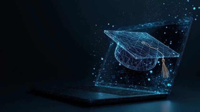 A digital graduation cap hovers above a laptop, in a striking digital art piece. The scene shows the concept of online education, innovation. ..Created with Generative AI, not depicting real subjects.