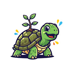 Obraz premium Cute Green Turtle Cartoon with Leaf Sprout on Shell