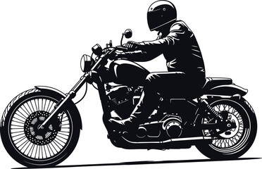 Naklejka premium Motorcycle rider silhouette on classic bike with helmet, vintage chopper style motorbike isolated on white background, transportation, speed, freedom, adventure, biker lifestyle concept