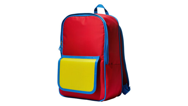 Vibrant red children s backpack, featuring a yellow pocket and blue trim