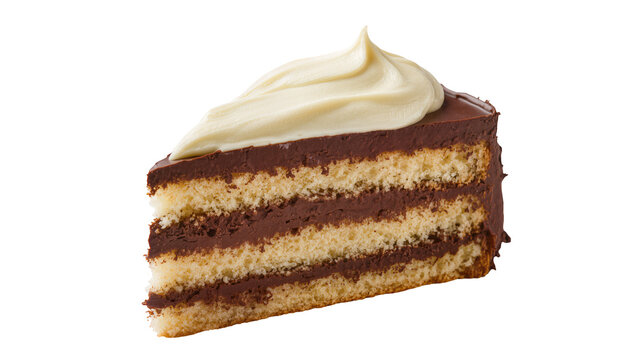 Layered chocolate cake slice, topped with creamy vanilla frosting swirl