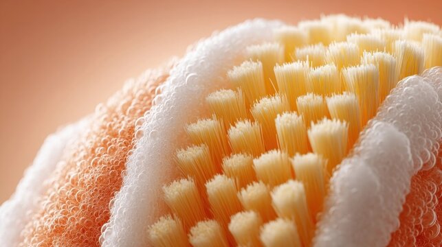 Close up image of fingernail brush with soft bristles covered in soap suds, creating clean and fresh appearance. orange and white colors add vibrant touch