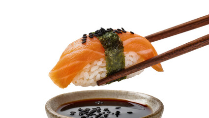 Salmon maki sushi roll held by wooden chopsticks, resting above soy sauce © Rowan