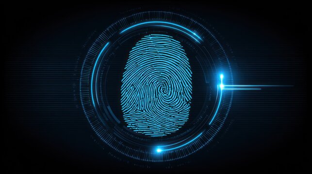 Glowing blue digital fingerprint is scanned within a futuristic circular interface against a dark background