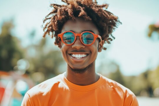 Young boy smiling brightly, wearing orange sunglasses with reflections of trees