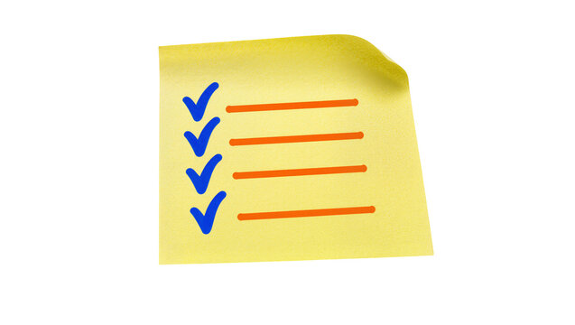 Yellow sticky note displaying four blue checkmarks, four orange lines