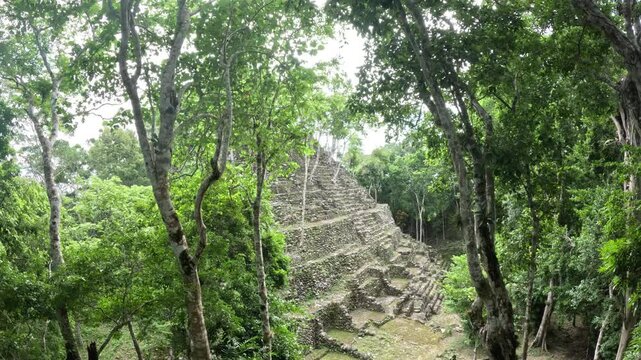 Epic aerial view of La Danta pyramid in El Mirador Guatemala, cinematic jungle ruins travel footage Central America
